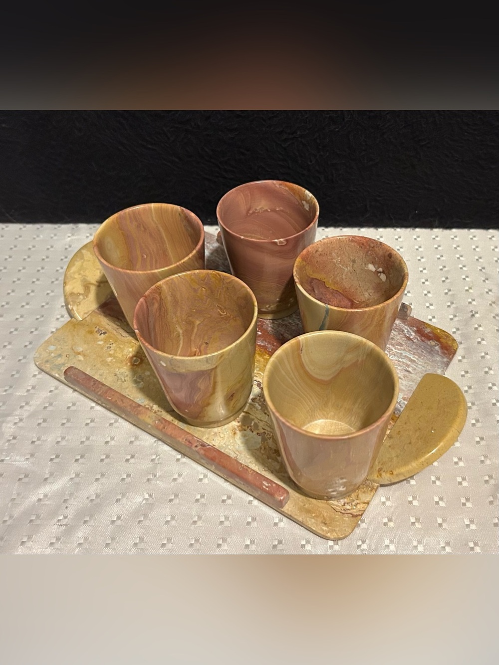 Vintage Combarbalite Tray and 5 Cups Made In Chile In Excellent Condition Rare